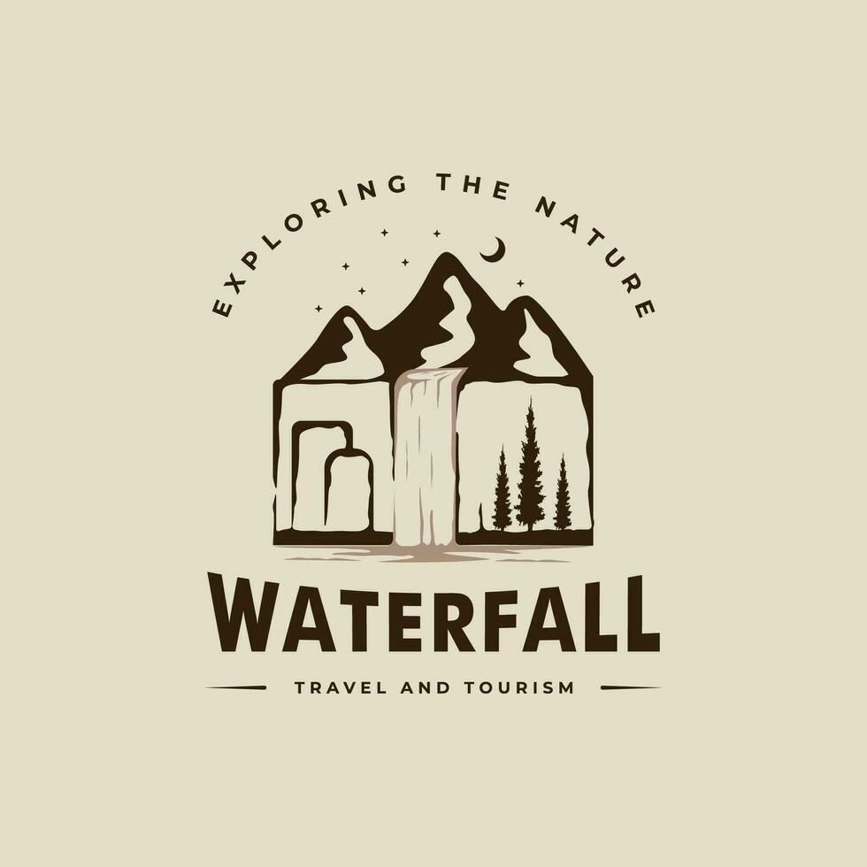 waterval logo vector wijnoogst illustratie sjabloon icoon grafisch ontwerp. onderzoeken de natuur teken of symbool voor reizen of ontwerp afdrukken voor overhemd met retro typografie stijl concept