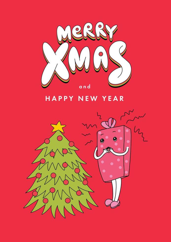 vrolijk Kerstmis groet kaart met Kerstmis boom en schattig Cadeau vormig karakter vector