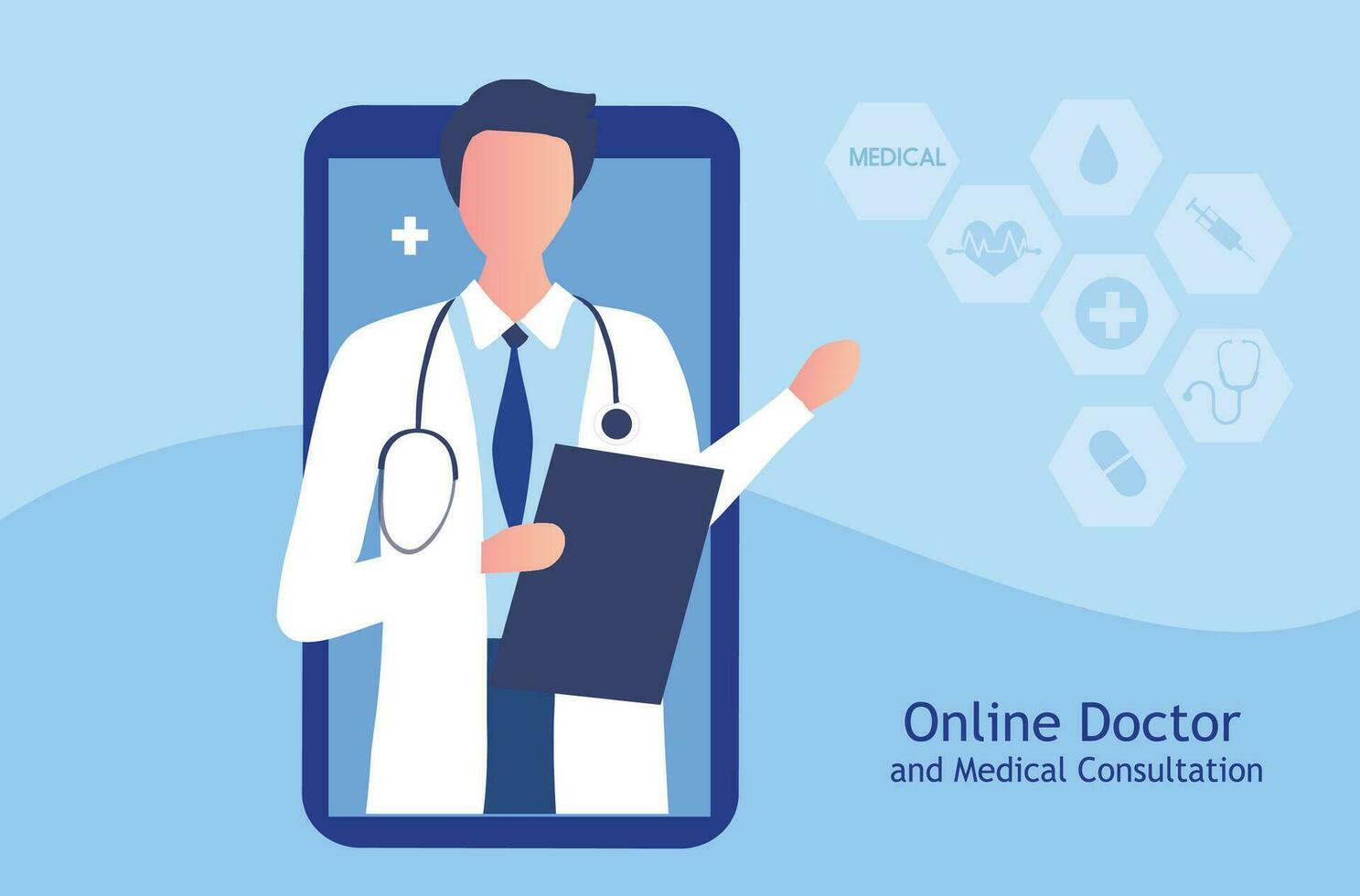 online dokter en medisch overleg concept. online overleg met dokter onderhoud vector illustratie. online medisch onderhoud en telegeneeskunde concept