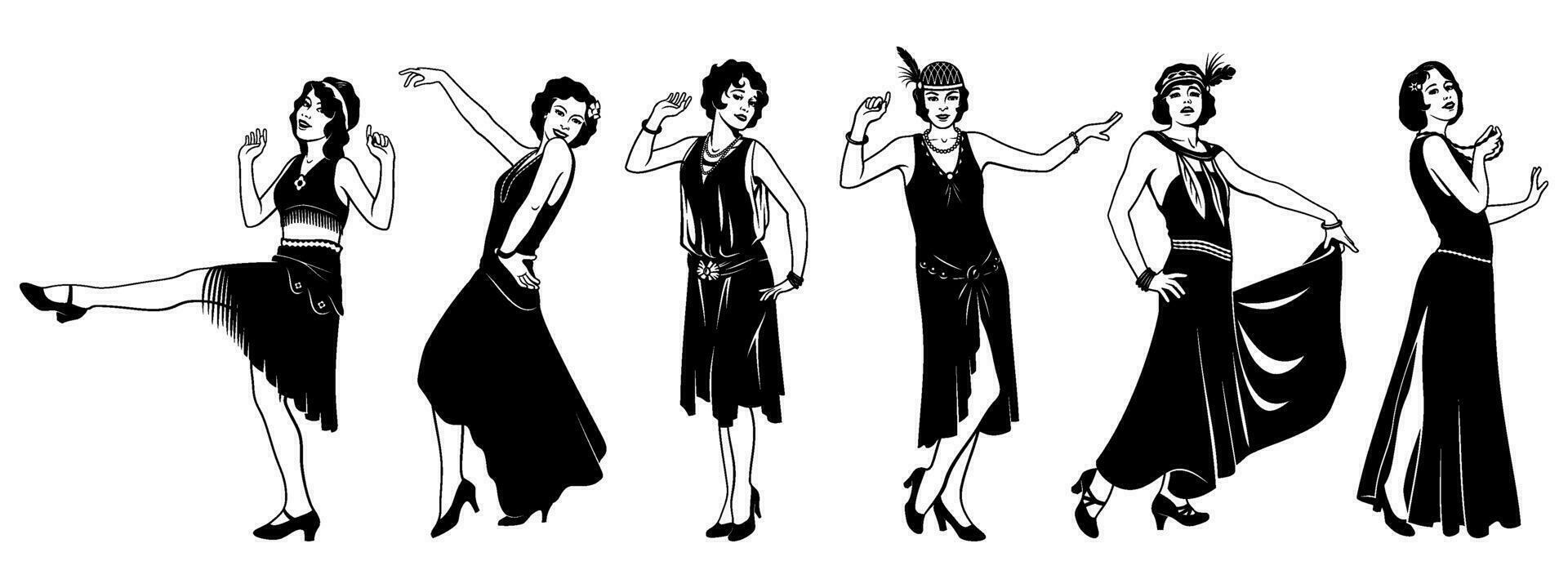 vin meisjes set. retro schoonheid Dames jaren '20. zwart en wit inkt stijl vector cliparts geïsoleerd Aan wit.