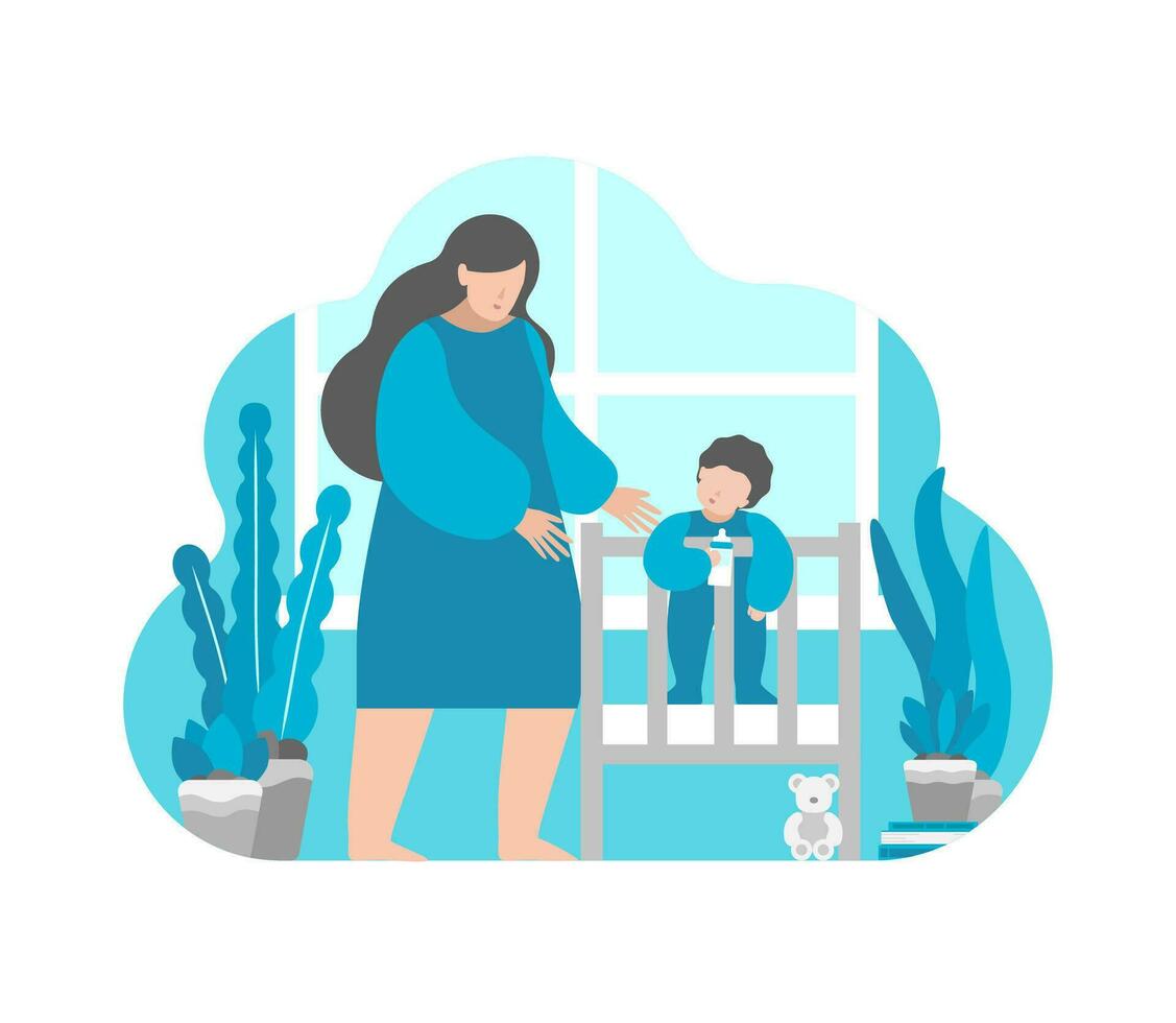 vector vlak illustratie concept met vereenvoudigd tekens van moeder en weinig baby. mam gaat naar plukken omhoog kind van bed in de ochtend. gelukkig moederschap wanneer vrouw houden mentaal Gezondheid na bevalling