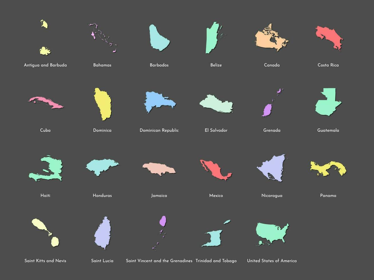 vector illustratie reeks met vereenvoudigd kaarten van allemaal noorden Amerika staten, landen Verenigde Staten van Amerika, Mexico, Bahamas, Canada, costa rica, Cuba en anderen. kleurrijk silhouetten, grijs achtergrond. alfabet bestellen