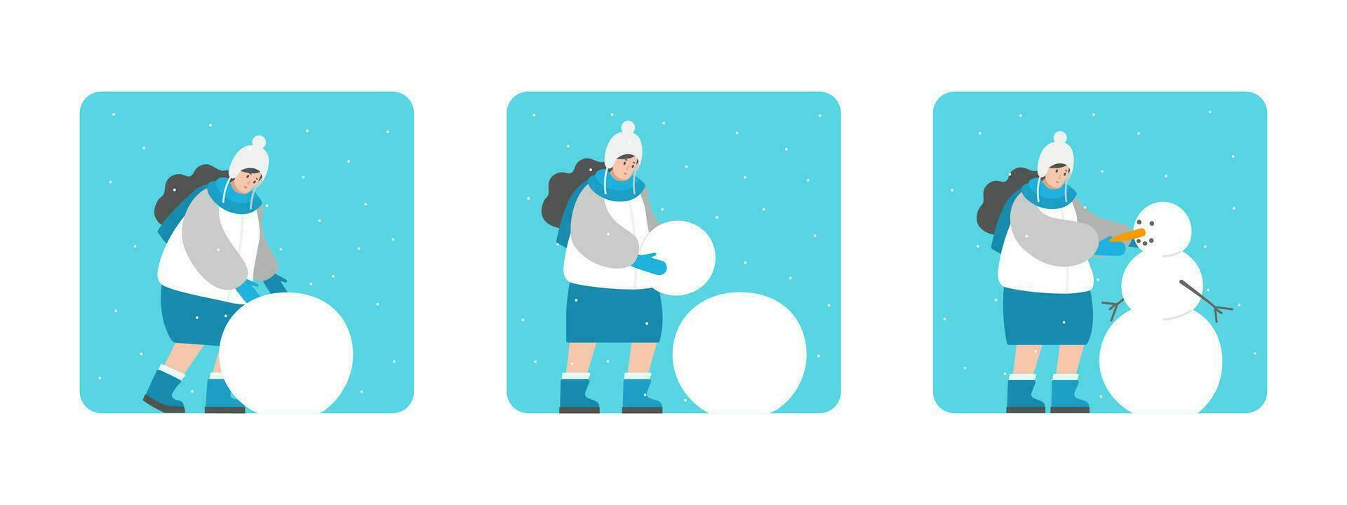 vector geïsoleerd vlak concept. instructie naar beeldhouwen sneeuwman. tekenfilm vrouw zijn rollend ballen stap door stap. meisje is in oorkleppen, ze stokjes wortel in de hoofd. grappig activiteiten in winter vakantie