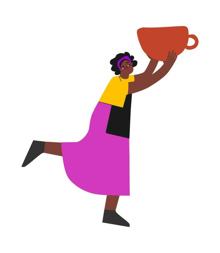 vector vlak illustratie met Afrikaanse Amerikaans vrouw. leerling meisje houdt handgemaakt keramisch servies. ze geleerd naar creëren kop in pottenbakkerij klas. creatief hobby en artistiek nadering van gelukkig meester