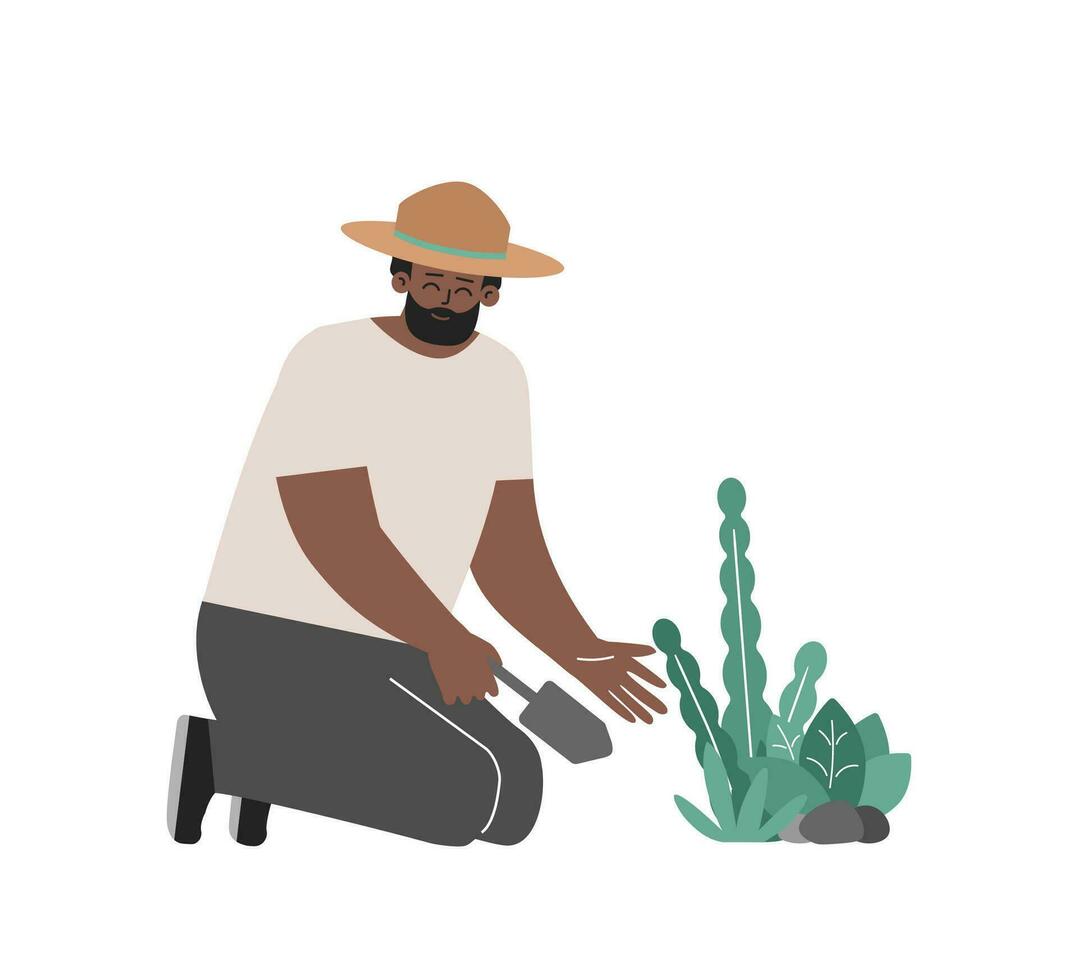 vector geïsoleerd concept. Afrikaanse Amerikaans Mens planten bloemen door spatel. glimlachen boer zorg voor groen biologisch groenten in tuin. gelukkig teler liefde naar besteden dag in natuur. levensstijl van ecoloog