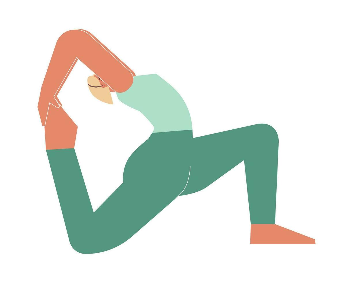 vector geïsoleerd illustratie met vlak vrouw karakter. sportief vrouw leert houding met achteroverbuigen - eka pada rajakapotasana 2 Bij yoga klas. geschiktheid oefening - een legged koning duif houding ii