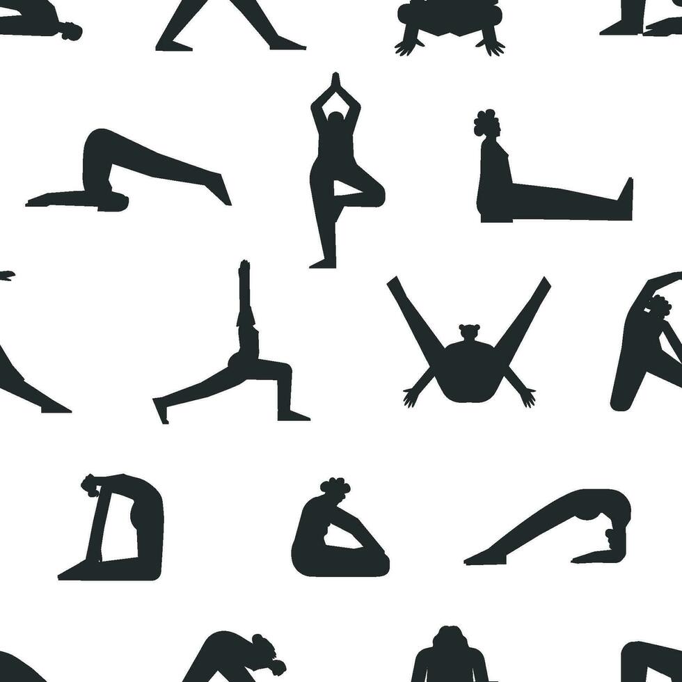 vector naadloos patroon met sport opleiding. vlak geïsoleerd illustratiemet Spaanse, Afrikaanse Amerikaans en Europese Dames maken yoga opdrachten Leuk vinden asana's, strekken opleiding. zwart silhouetten