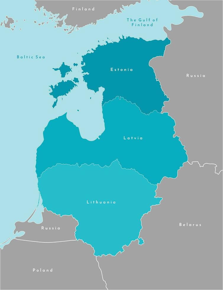vector geïsoleerd illustratie. vereenvoudigd politiek kaart van Baltisch staten Estland, Letland, Litouwen in blauw kleuren en dichtstbijzijnde landen in grijs. borders van staten. wit schets en achtergrond.