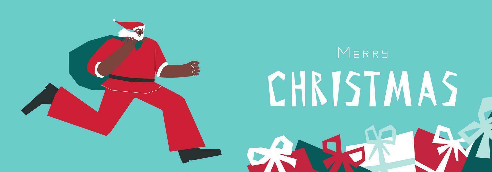 vector illustratie met vlak Afrikaanse Amerikaans karakter van de kerstman claus in rood kostuum. hij loopt en houdt zak met geschenken. horizontaal banier met tekst vrolijk Kerstmis Aan blauw achtergrond