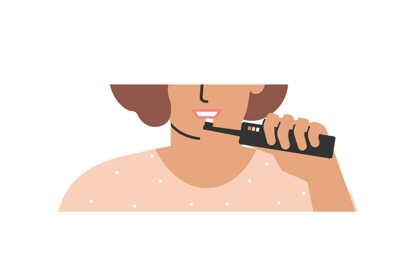 vector geïsoleerd vlak illustratie. jong Amerikaans vrouw reinigt tanden door mondeling water plukken irrigator. dagelijks tandheelkundig routine- naar voorkomen cariës, verwijderen tandsteen, hebben wit tanden. bijgesneden portret