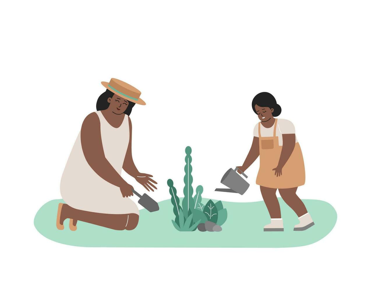 vector vlak illustratie met tekenfilm karakters. Afrikaanse Amerikaans moeder in rietje hoed planten bloemen door spatel en glimlachen weinig meisje wateren bladeren in tuin. gelukkig vakantie met familie in natuur