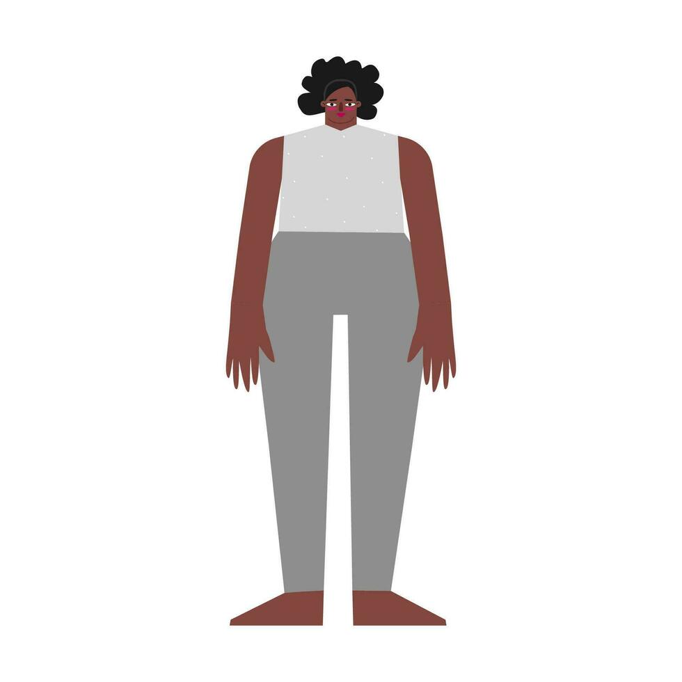 vector geïsoleerd illustratie. vlak vrouw karakter met sportief kleding. Afrikaanse Amerikaans vrouw draagt grijs leggings en t-shirt voor opdrachten Bij yoga klas. symbool van atletisch persoon