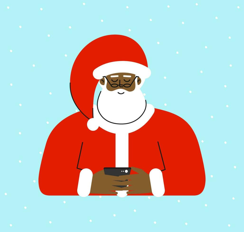 vector geïsoleerd vlak Kerstmis concept. tekenfilm karakter van Afrikaanse Amerikaans ouderen de kerstman claus. hij lezen sms met geschenk lijst Aan telefoon. mobiel apps voor online boodschappen doen of communicatie. winter vakantie