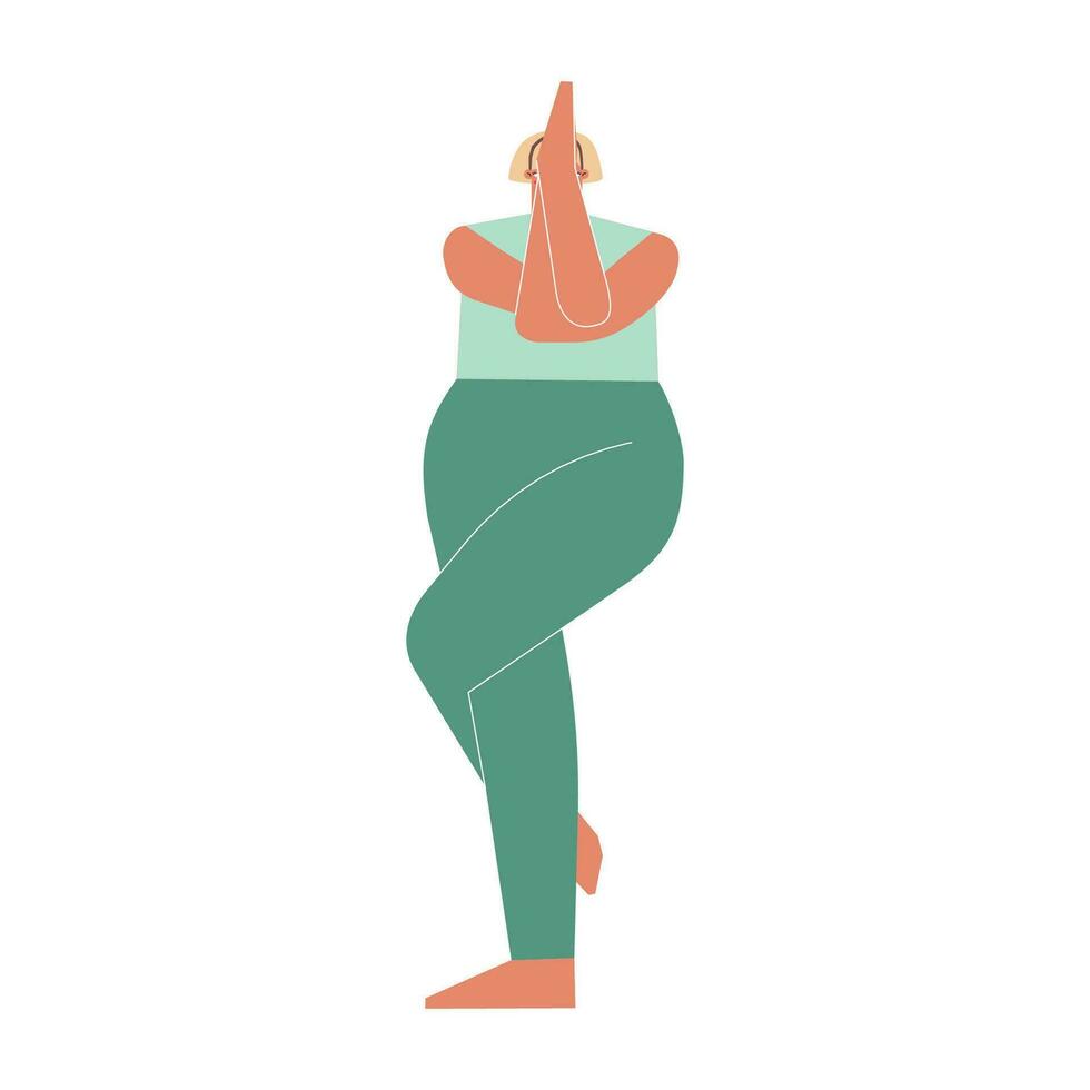 vector geïsoleerd illustratie met vlak vrouw karakter. sportief vrouw leert balanceren houding garudasana Bij yoga klas. geschiktheid oefening - adelaar houding