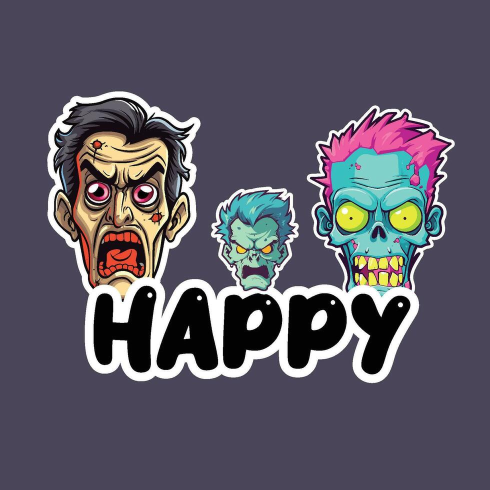 gelukkig zombie stickers, groen hoofden, Purper hanenkammen, en mysterieus wazig gezichten vector