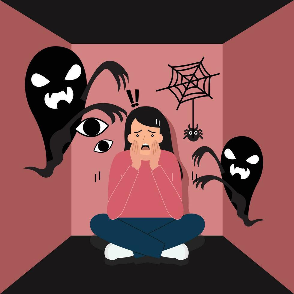 vrouw lijdt van fobieën en angsten. de psychologisch concept van mentaal wanorde en paranoia. vector illustratie
