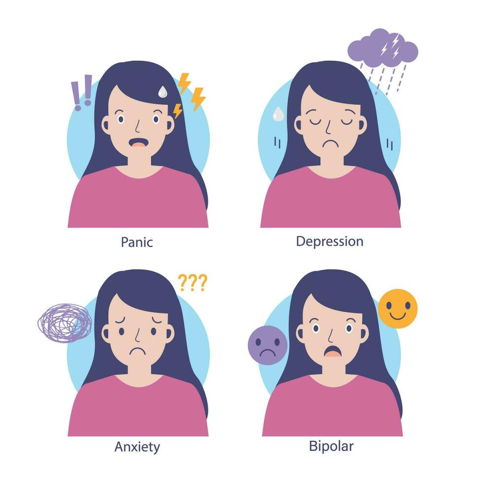 mentaal Gezondheid problemen. vrouw met paniek aanvallen, depressie, angst en bipolair.plat tekenfilm vector illustratie