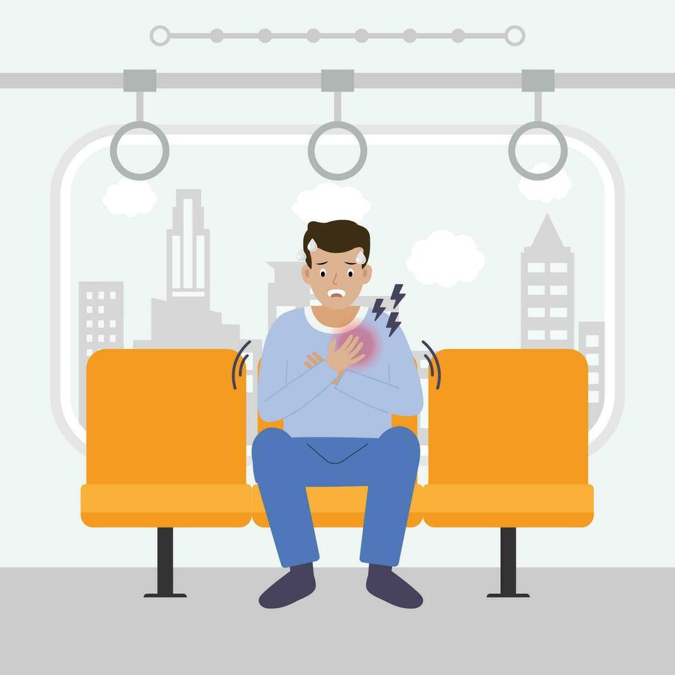 Mens hebben paniek aanval in skytrain tekenfilm vector illustratie.