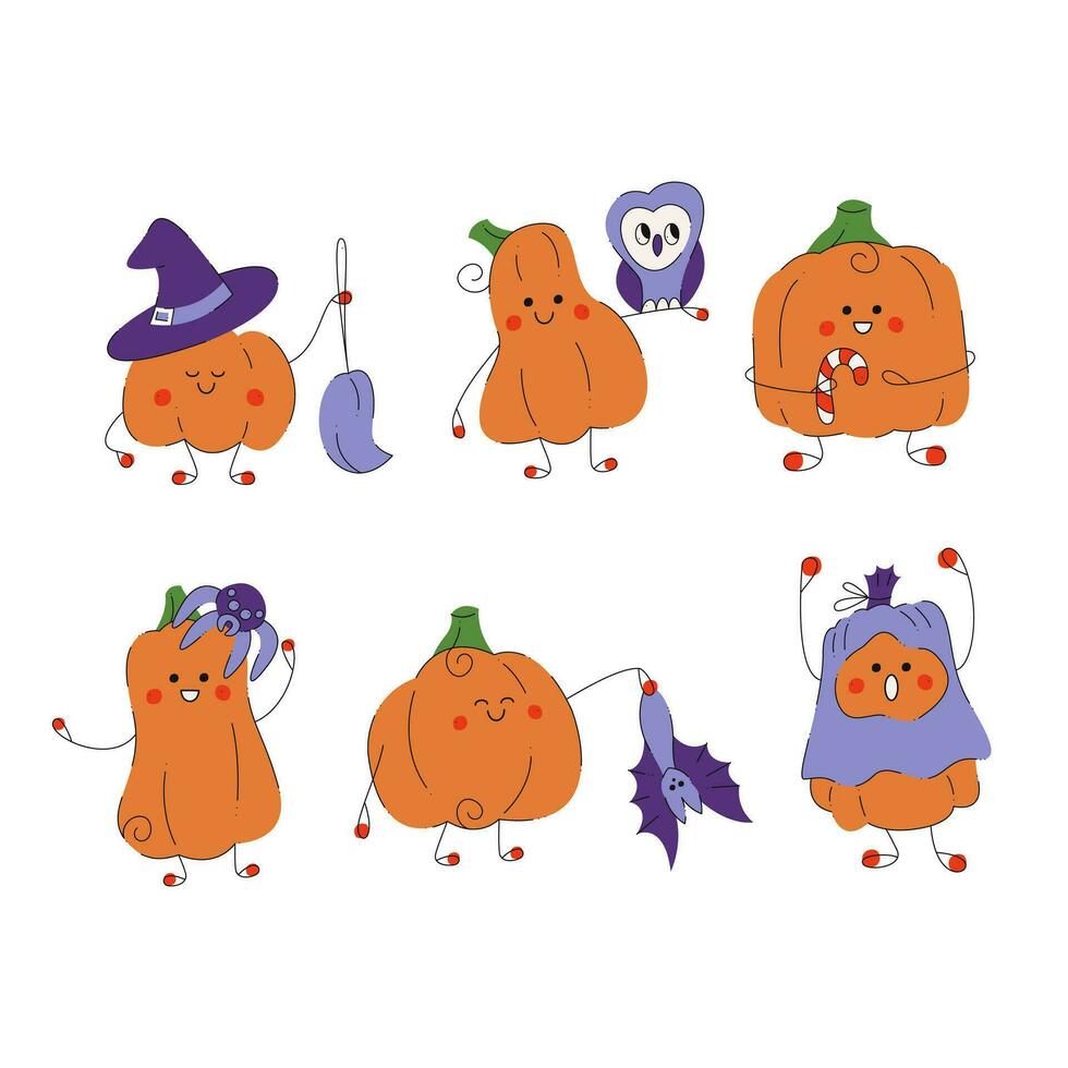 reeks van 6 schattig halloween pompoenen karakters. kleur, zwart en wit vlak vector illustratie.