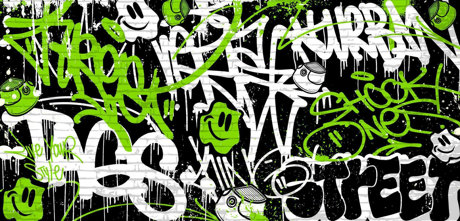 graffiti achtergrond met overgeven, kattebelletje en taggen in levendig kleuren. abstract graffiti in vector illustraties.