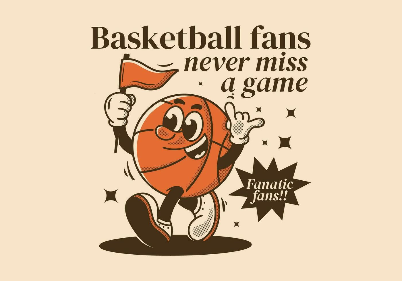 basketbal fans, nooit mevrouw een spel. mascotte karakter illustratie van basketbal bal Holding een driehoek vlag vector