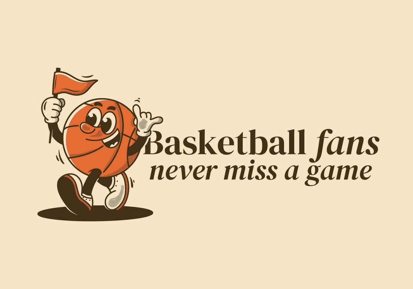 basketbal fans, nooit mevrouw een spel. mascotte karakter illustratie van basketbal bal Holding een driehoek vlag vector