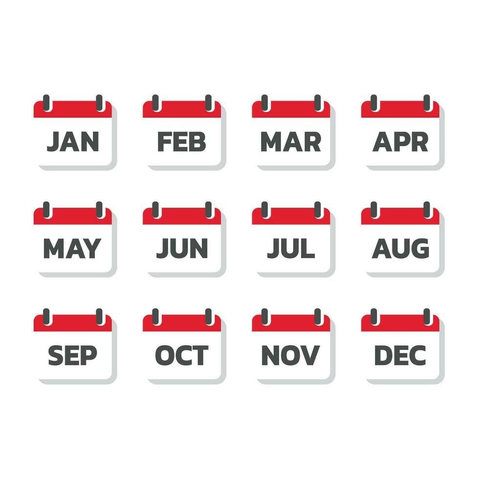 kalender met maanden kleurrijk vector icoon set. rood en zeuren kalender met maand januari, februari pictogrammen.