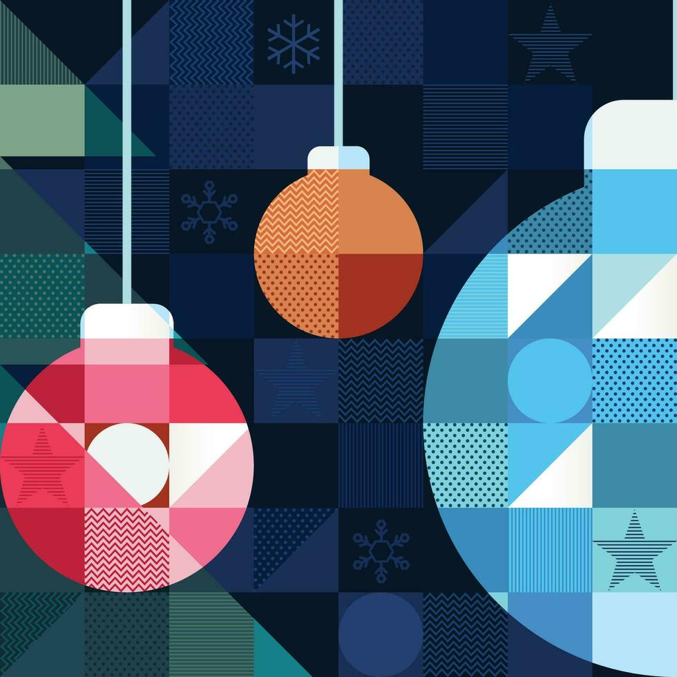 kleurrijk Kerstmis bal en meetkundig elementen in blauw mozaïek- achtergrond. vrolijk Kerstmis en gelukkig nieuw jaar groet kaart vector illustratie sjabloon.