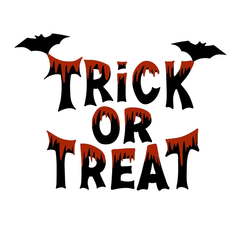 trick or treat zwarte letters met bloedstrepen en twee vleermuizen vector