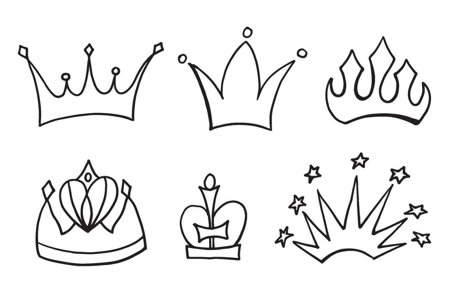 tekening kronen. lijn kunst koning of koningin kroon schetsen, kerel gekroond hoofden tiara, mooi diadeem en luxueus stickers vector illustratie set. Koninklijk hoofd accessoires lineair verzameling