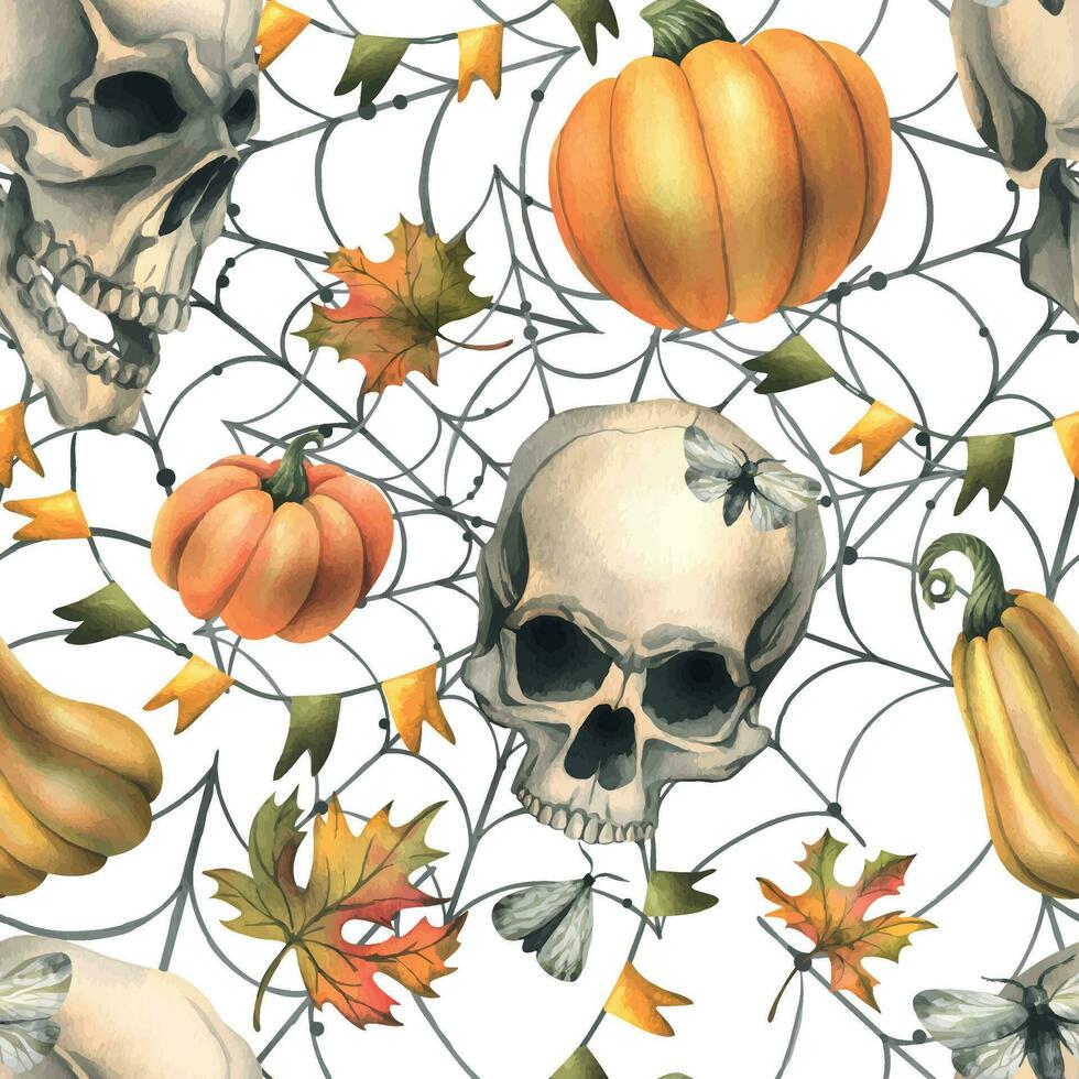 menselijk schedel met oranje pompoenen, spinnenwebben, slingers van vlaggen en herfst bladeren. hand- getrokken waterverf illustratie voor halloween en dag van de dood. naadloos patroon Aan een wit achtergrond. vector