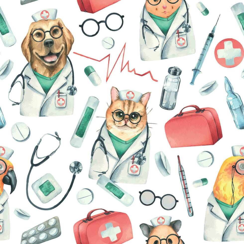 hond, kat, hamster, papegaai artsen in een dressing gewaad, bril, met een stethoscoop, een koffer en medisch instrumenten. waterverf illustratie hand- getrokken. naadloos patroon Aan wit achtergrond vector