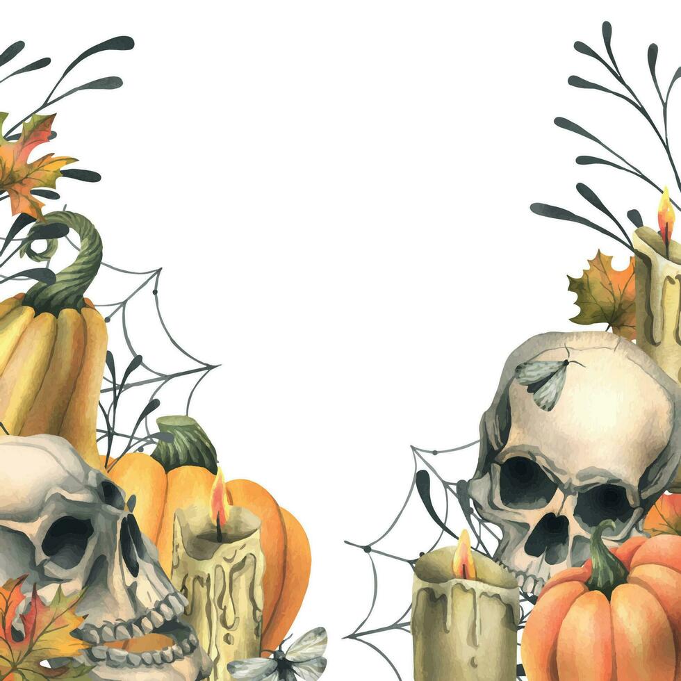 menselijk schedel met oranje pompoenen, kaarsen, nacht motten, spinnenwebben en herfst bladeren. hand- getrokken waterverf illustratie voor halloween en dag van de dood. sjabloon vector