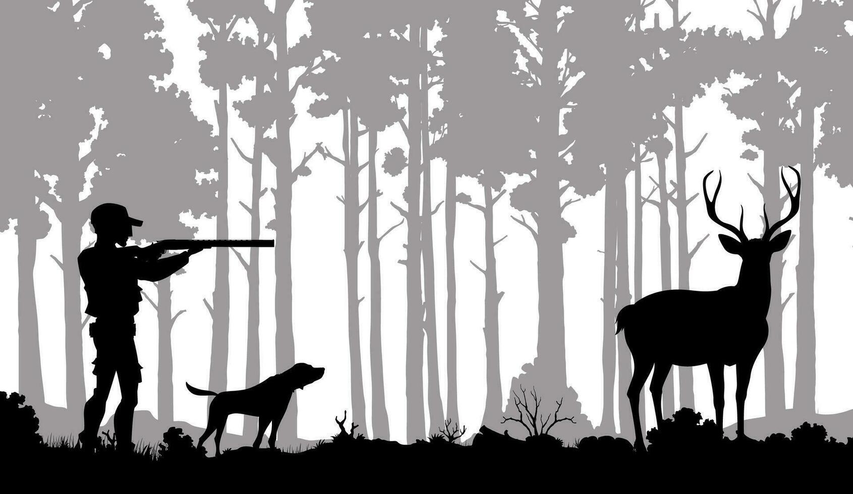 jacht- silhouet. jager, hond en hert in Woud vector