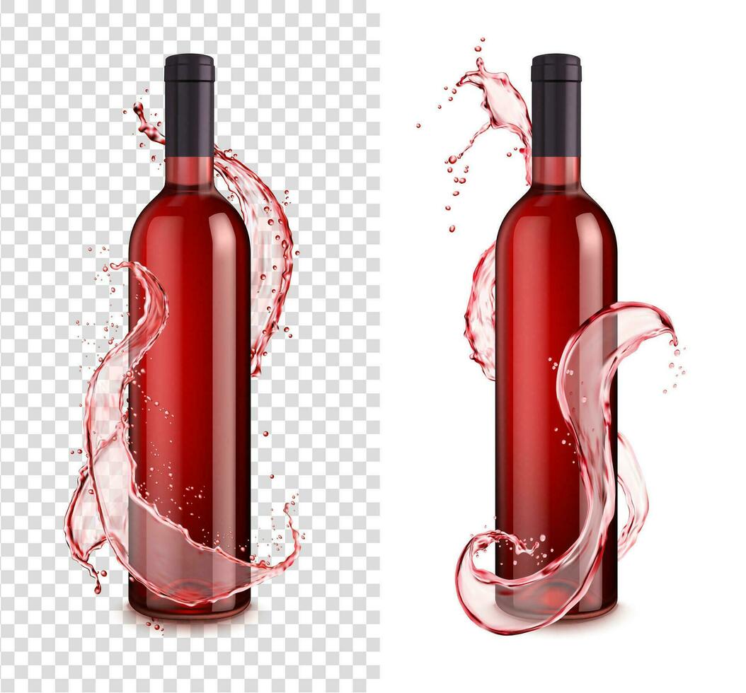 rood fles met wijn kolken plons achtergrond vector