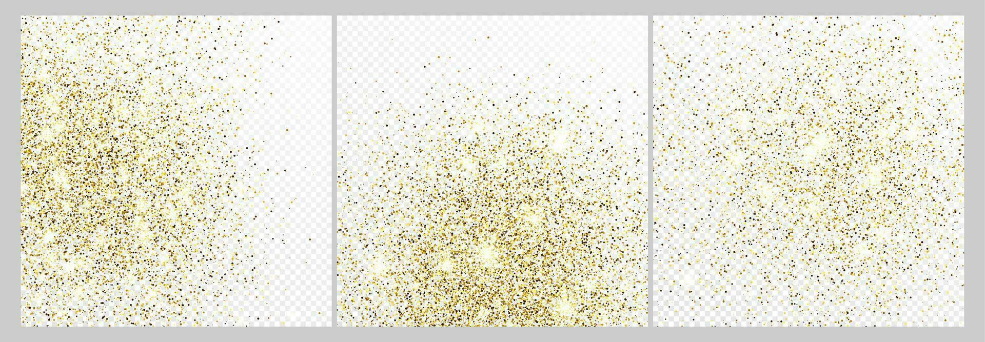 reeks van drie goud schitteren confetti achtergronden geïsoleerd Aan wit achtergronden. feestelijk structuur met schijnend licht effect. vector illustratie.