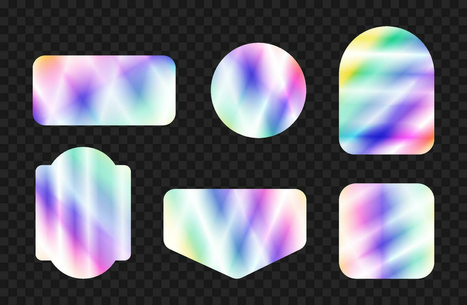 holografische y2k vector stickers in verschillend vormen - cirkel, boog en vierkant. geïsoleerd gloeiend regenboog etiket Sjablonen Aan zwart