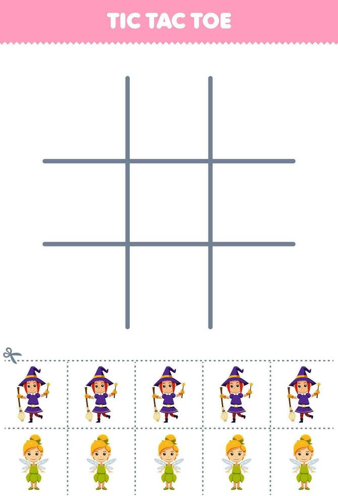 onderwijs spel voor kinderen tic tac teen reeks met schattig tekenfilm heks en fee meisje afbeelding afdrukbare halloween werkblad vector