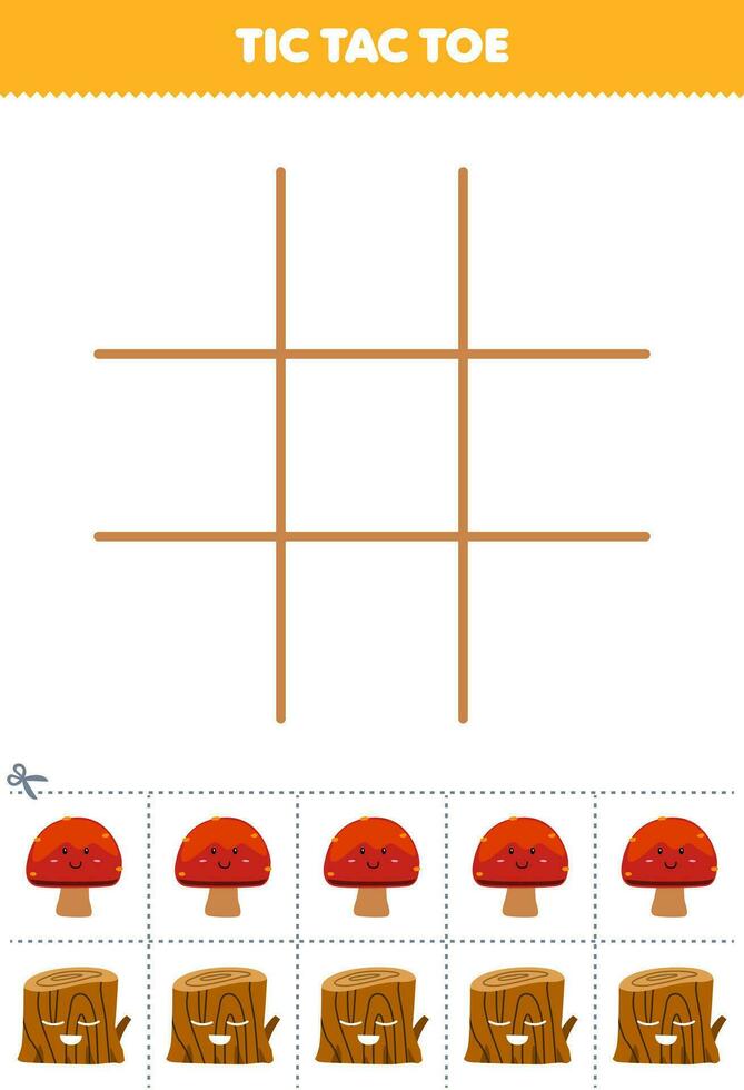 onderwijs spel voor kinderen tic tac teen reeks met schattig tekenfilm paddestoel en hout log afbeelding afdrukbare natuur werkblad vector