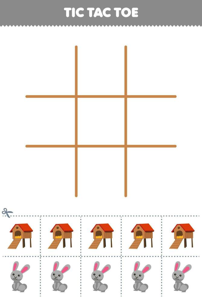 onderwijs spel voor kinderen tic tac teen reeks met schattig tekenfilm konijn en hok afbeelding afdrukbare boerderij werkblad vector