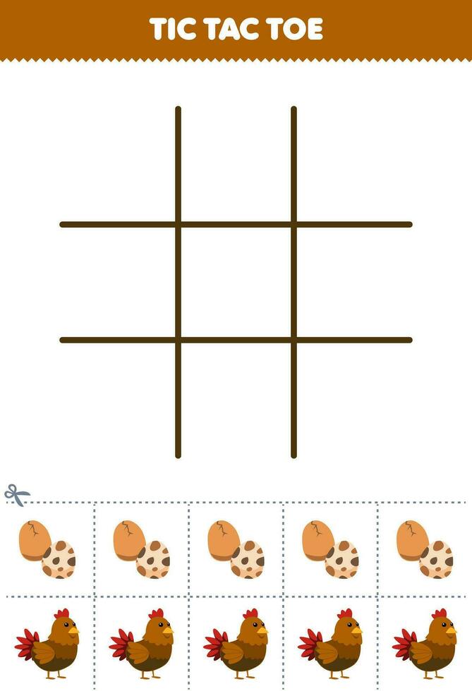 onderwijs spel voor kinderen tic tac teen reeks met schattig tekenfilm ei en kip afbeelding afdrukbare boerderij werkblad vector