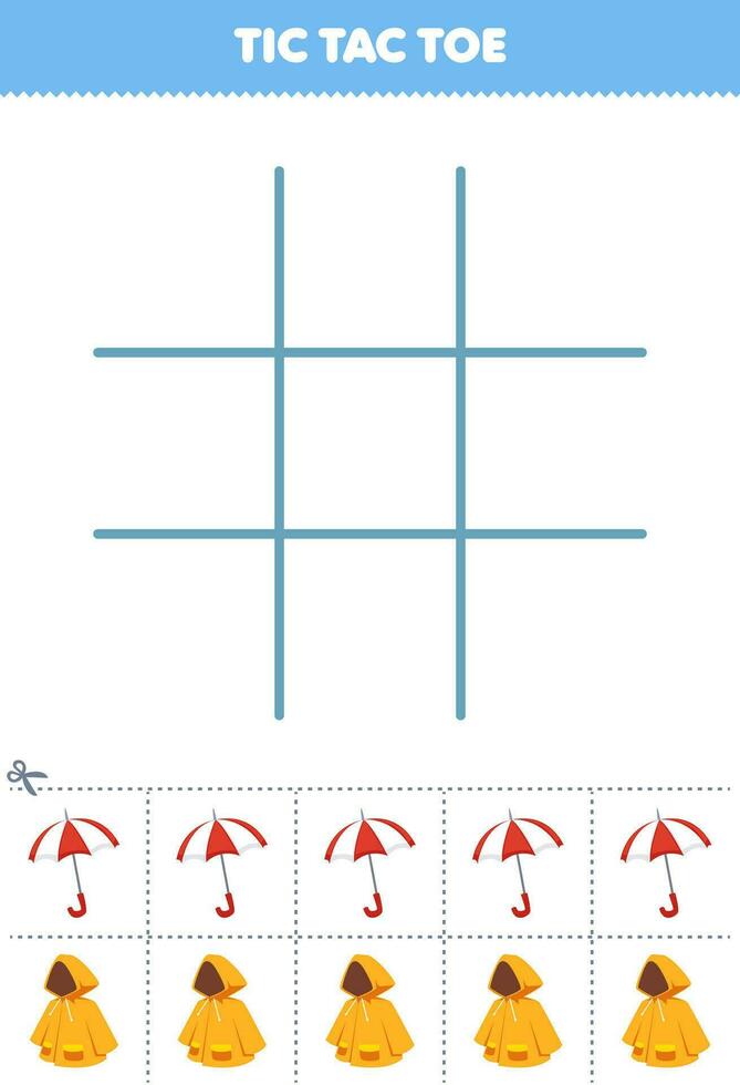 onderwijs spel voor kinderen tic tac teen reeks met schattig tekenfilm paraplu en regenjas afbeelding afdrukbare draagbaar kleren werkblad vector