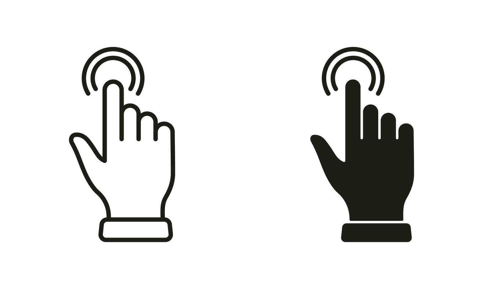 dubbele Klik gebaar, hand- cursor van computer muis lijn en silhouet zwart icoon set. wijzer vinger pictogram. dubbele druk op, vegen, aanraken, punt, kraan teken. geïsoleerd vector illustratie.
