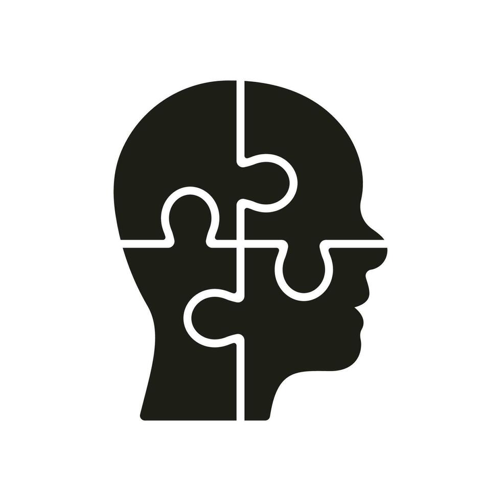puzzel in menselijk hoofd oplossing concept silhouet icoon. creatie idee, personen hersenen en decoupeerzaag stukken glyph pictogram. brainstorm intellectueel werkwijze solide symbool. geïsoleerd vector illustratie.