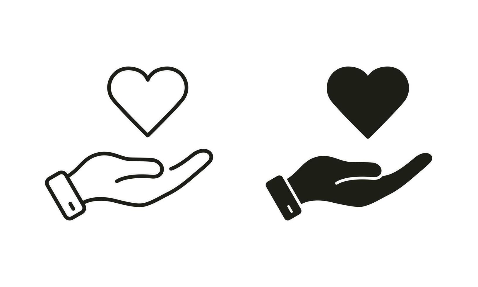 menselijk hand- en hart vorm pictogram. vrede vriendschap, emotioneel ondersteuning symbool verzameling. liefde, Gezondheid, liefdadigheid, zorg, helpen lijn en silhouet icoon set. geïsoleerd vector illustratie.