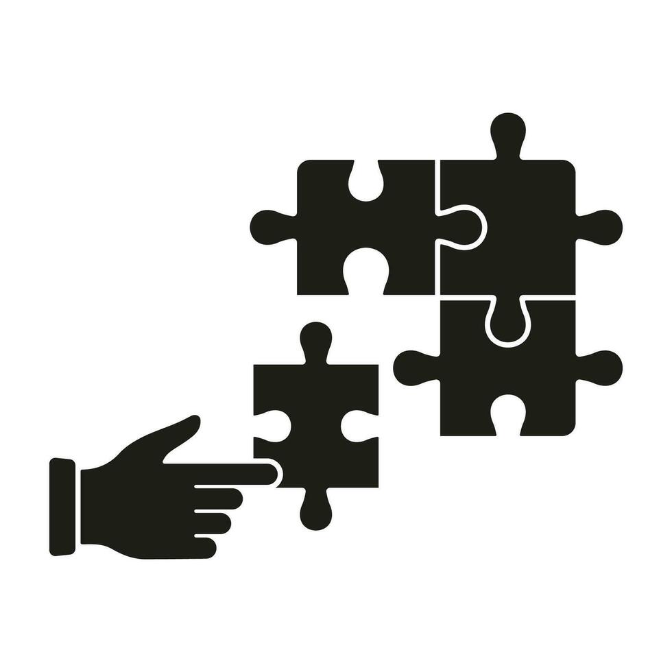 brainstorming werkwijze, probleem oplossen, puzzel strategie oplossing. aansluiten onderdelen van puzzel solide symbool. decoupeerzaag en menselijk hand- silhouet icoon. team spel glyph pictogram. geïsoleerd vector illustratie.