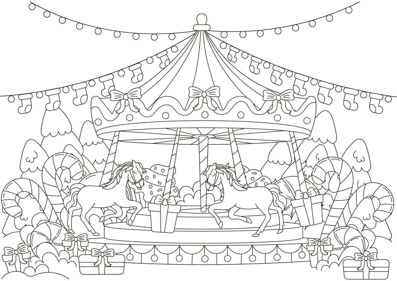 Kerstmis kleur bladzijde met vrolijk gaan carrousel met Kerstmis decoraties en bomen voor kinderen en volwassenen vector