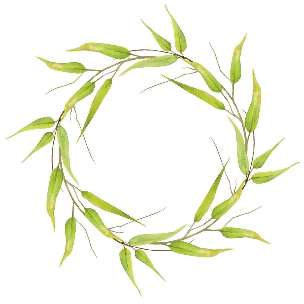 hand- getrokken waterverf groen en bruin bamboe bladeren Aan Afdeling. natuurlijk fabriek. botanisch illustratie, cirkel krans kader geïsoleerd Aan wit achtergrond. voor winkel logo afdrukken, website, kaart, boekje. vector