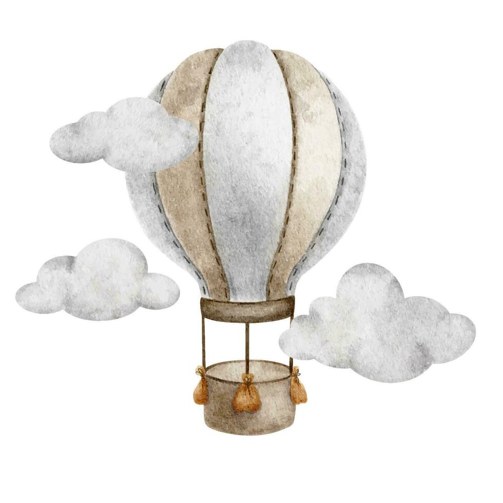 beige heet lucht ballon met mand vliegend in wolken. schattig baby vliegtuigen. waterverf illustratie. geïsoleerd. ontwerp voor kinderen goederen, kleren, ansichtkaarten, baby douche en kinderen kamer vector