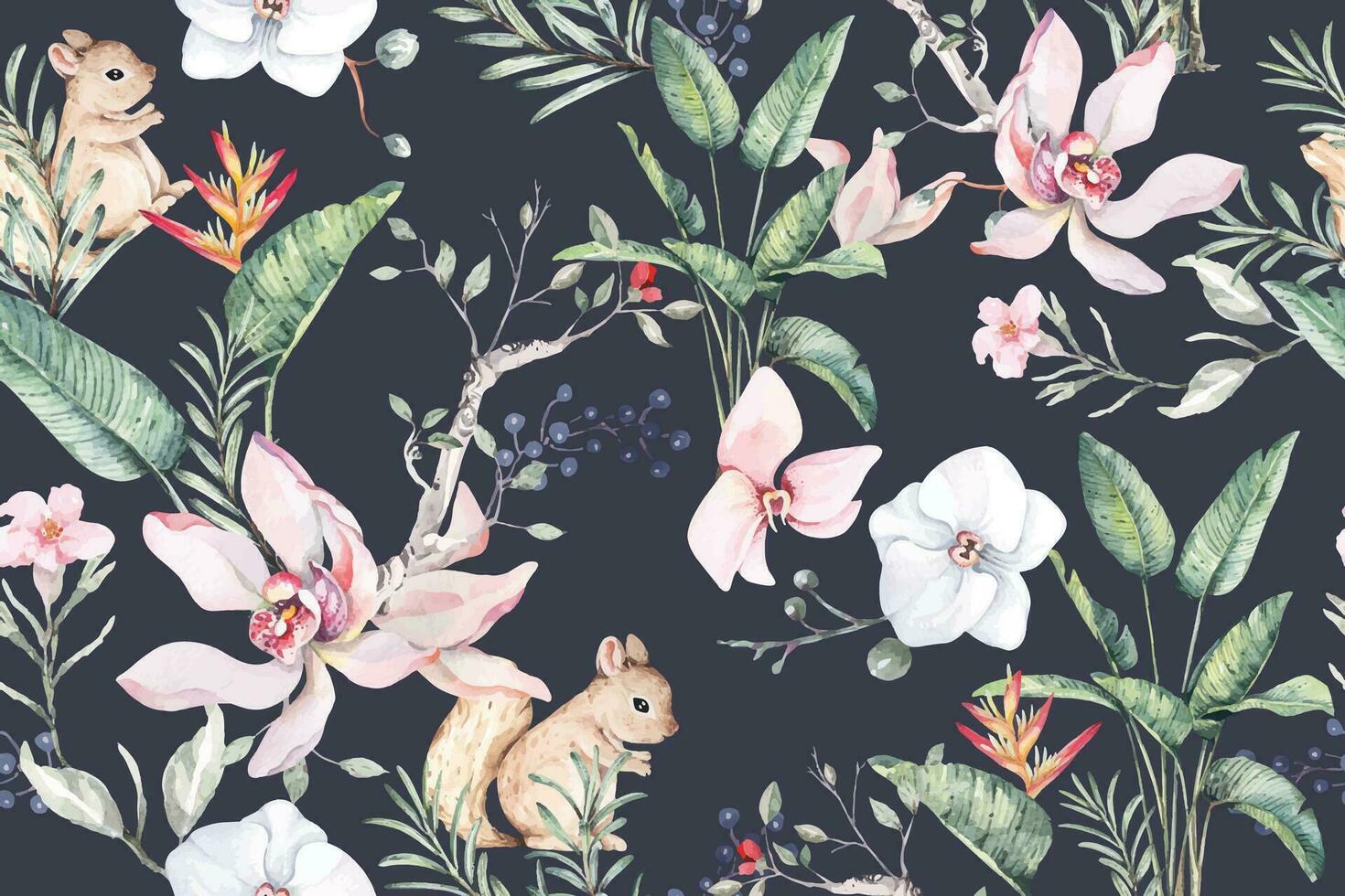 naadloos patroon van tropisch plant, orchidee, eekhoorn en bloemen geschilderd in aquarel.voor kleding stof luxueus en behang, wijnoogst stijl.botanisch bloemen patroon.tropisch achtergrond vector